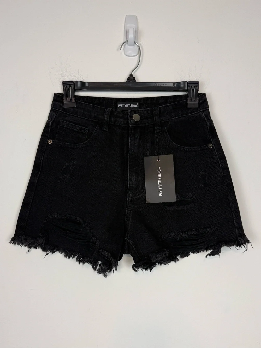 PRETTYLITTLETHING Washed Black Denim Distressed Hi Rise Shorts. US Size 4. New.